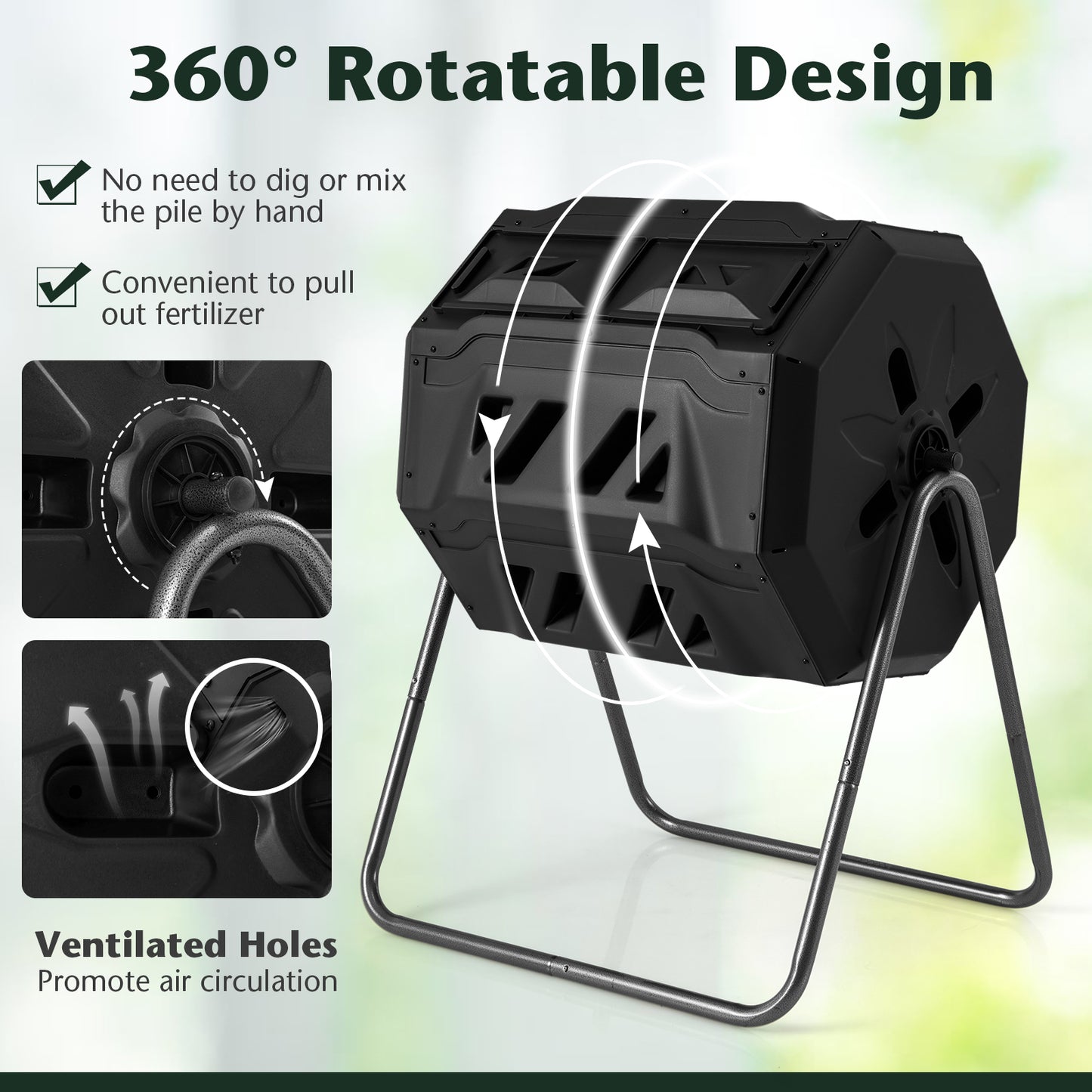 360° Rotatable Tumbling Composter with 2 Sliding Doors-Black