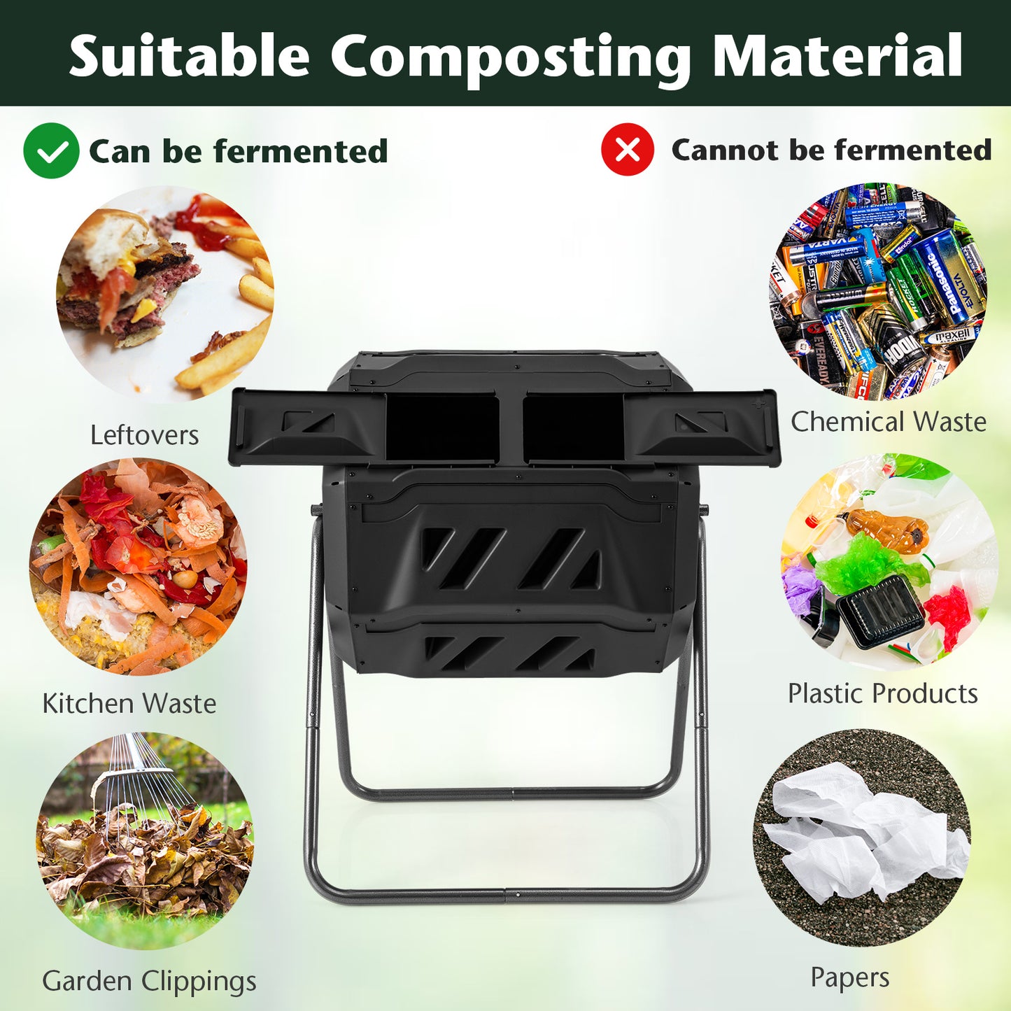 360° Rotatable Tumbling Composter with 2 Sliding Doors-Black