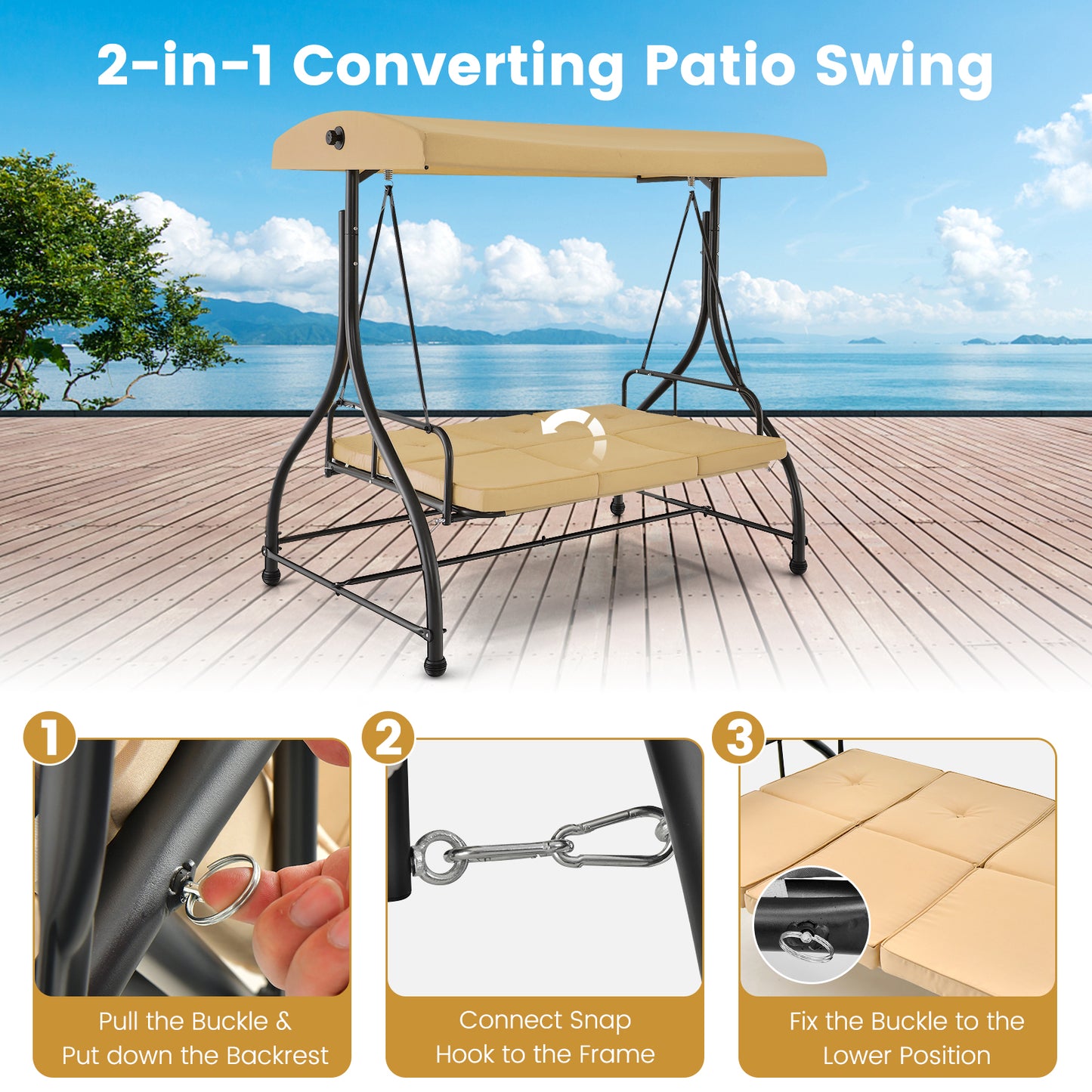 3 Seat Outdoor Porch Swing with Adjustable Canopy-Beige
