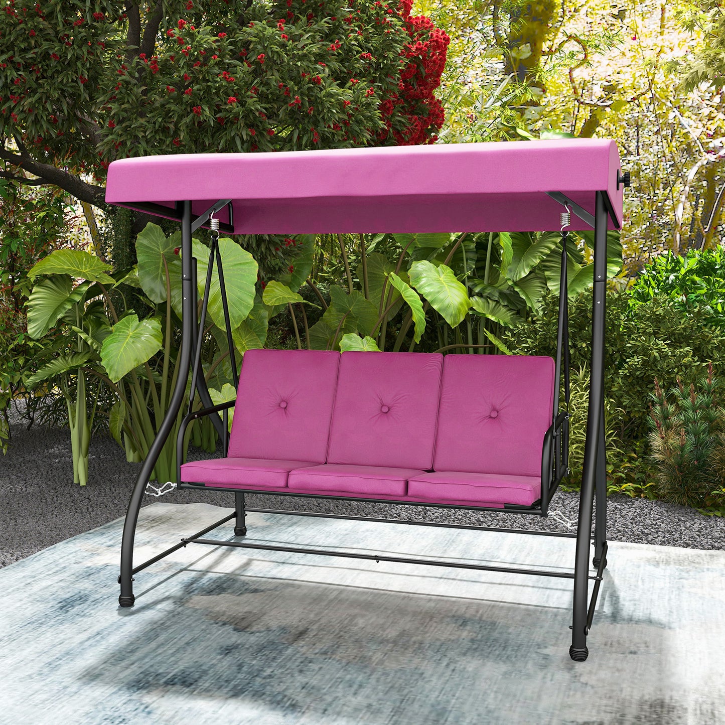 3 Seat Outdoor Porch Swing with Adjustable Canopy-Wine