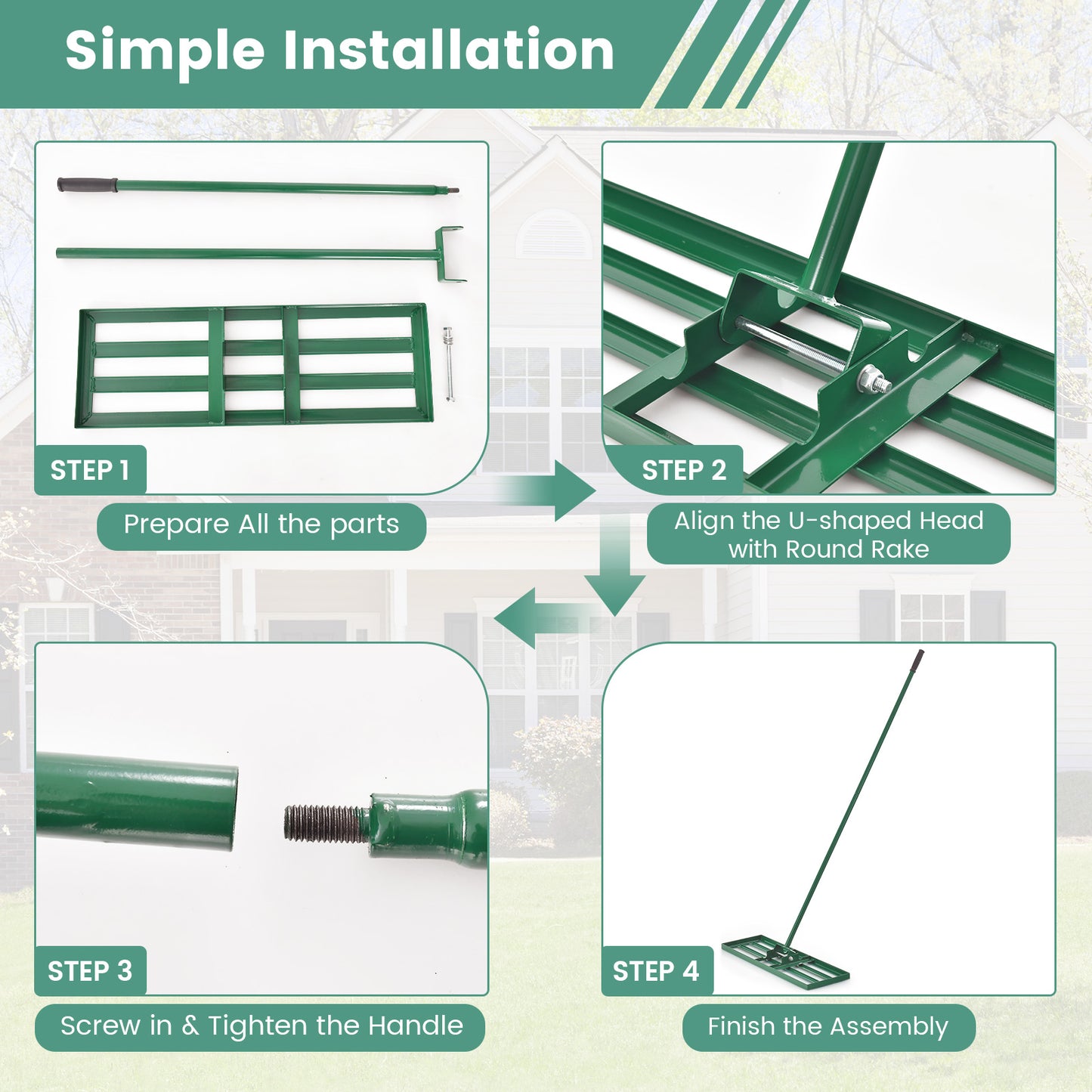 30 x 10 Inch Lawn Leveling Rake with Ergonomic Handle-Green