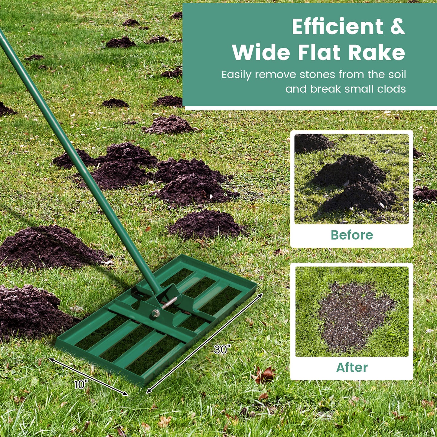 30 x 10 Inch Lawn Leveling Rake with Ergonomic Handle-Green