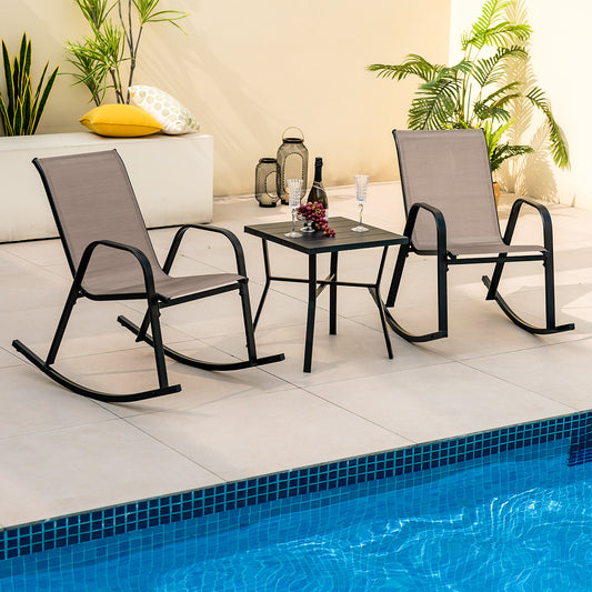 Set of 2 Heavy-Duty Metal Patio Rocking Chair with Breathable Seat Fabric-Brown