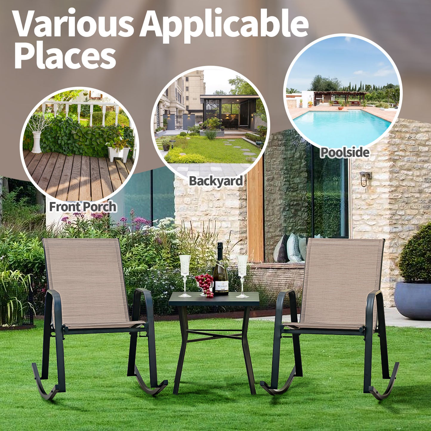 Set of 2 Heavy-Duty Metal Patio Rocking Chair with Breathable Seat Fabric-Brown