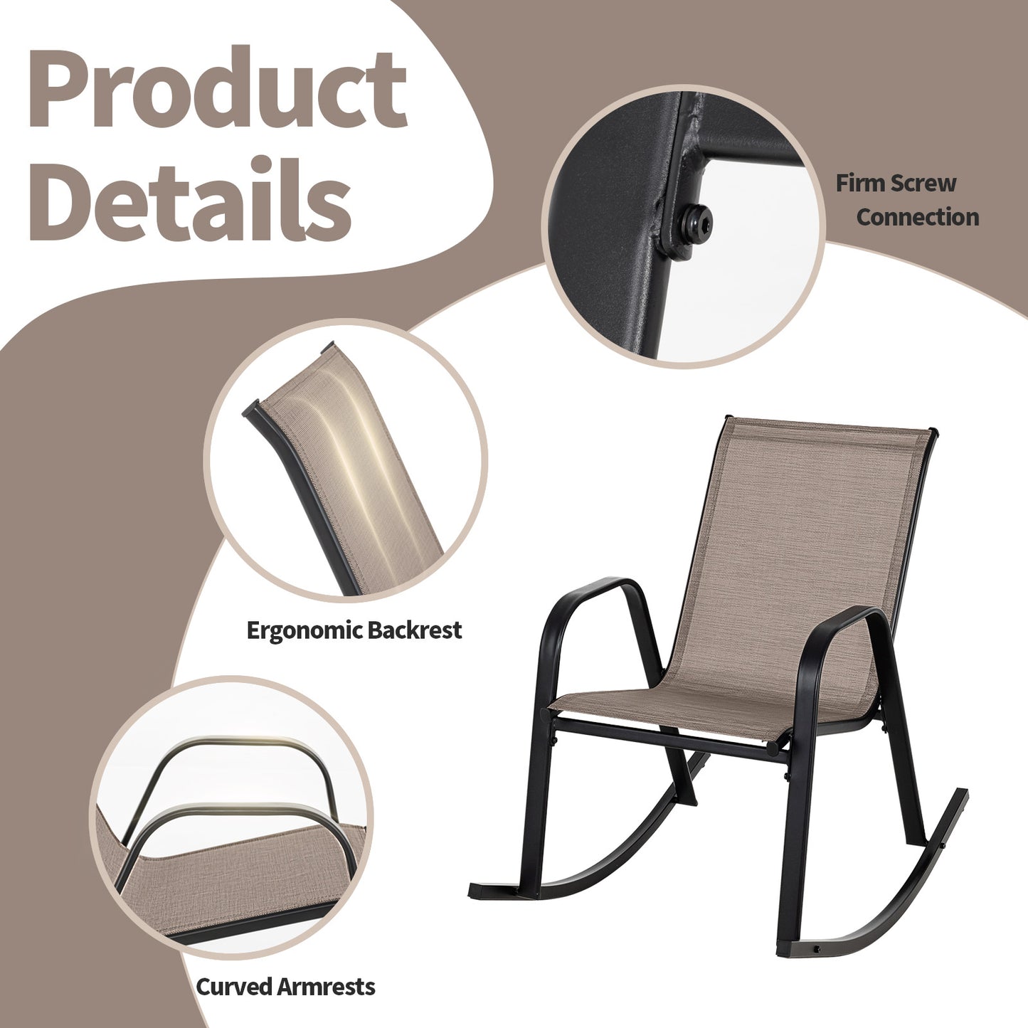Set of 2 Heavy-Duty Metal Patio Rocking Chair with Breathable Seat Fabric-Brown