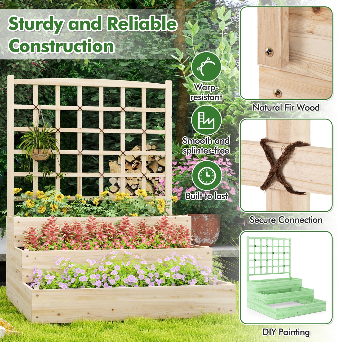3-Tier Raised Garden Bed with Lattice Trellis and Open-Ended Base-Natural