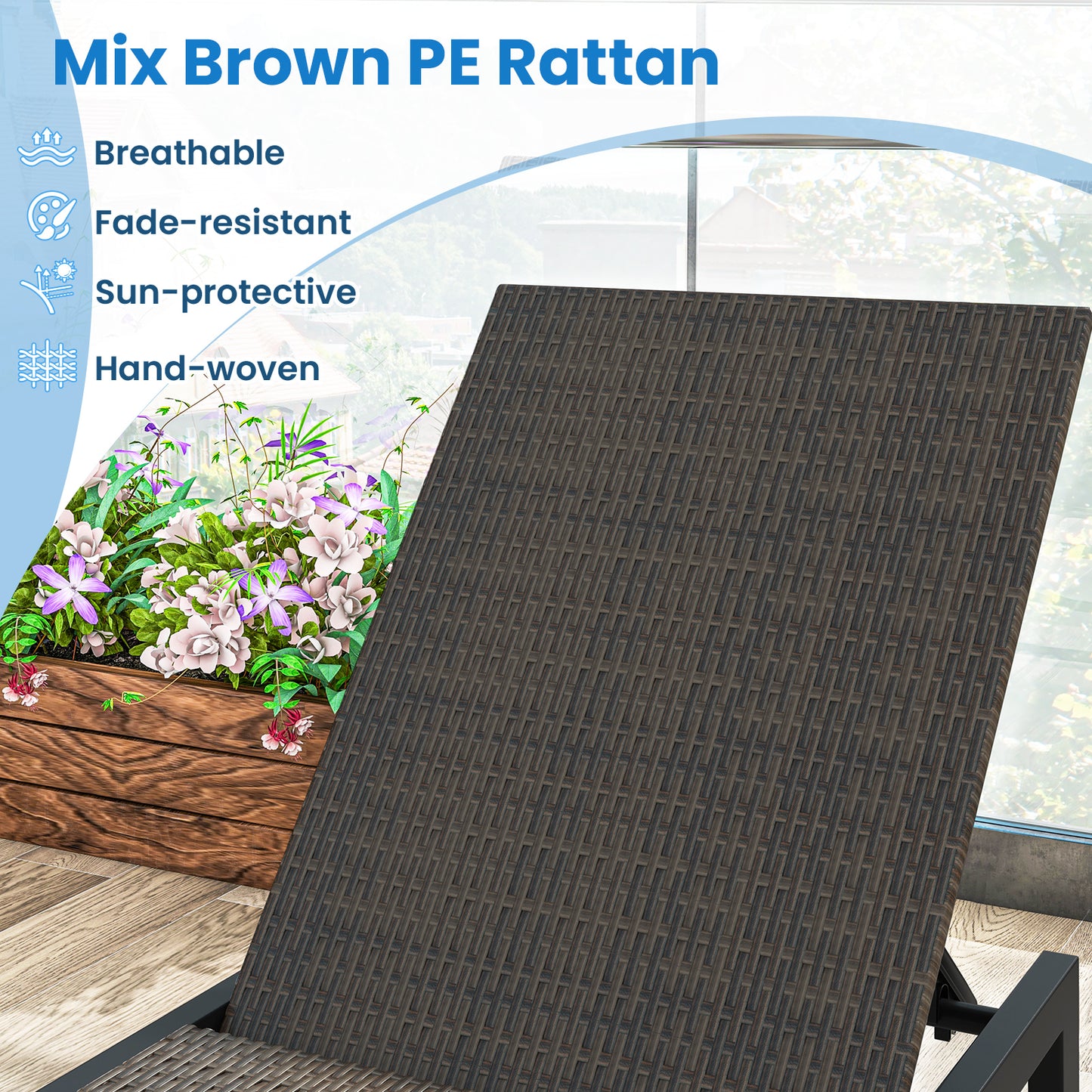 Patio PE Rattan Chaise Lounge with 5-Level Backrest and Wheels-Brown
