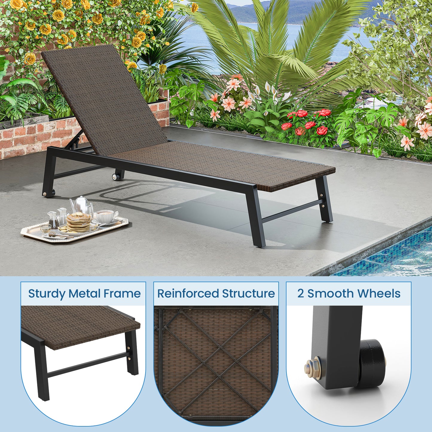 Patio PE Rattan Chaise Lounge with 5-Level Backrest and Wheels-Brown