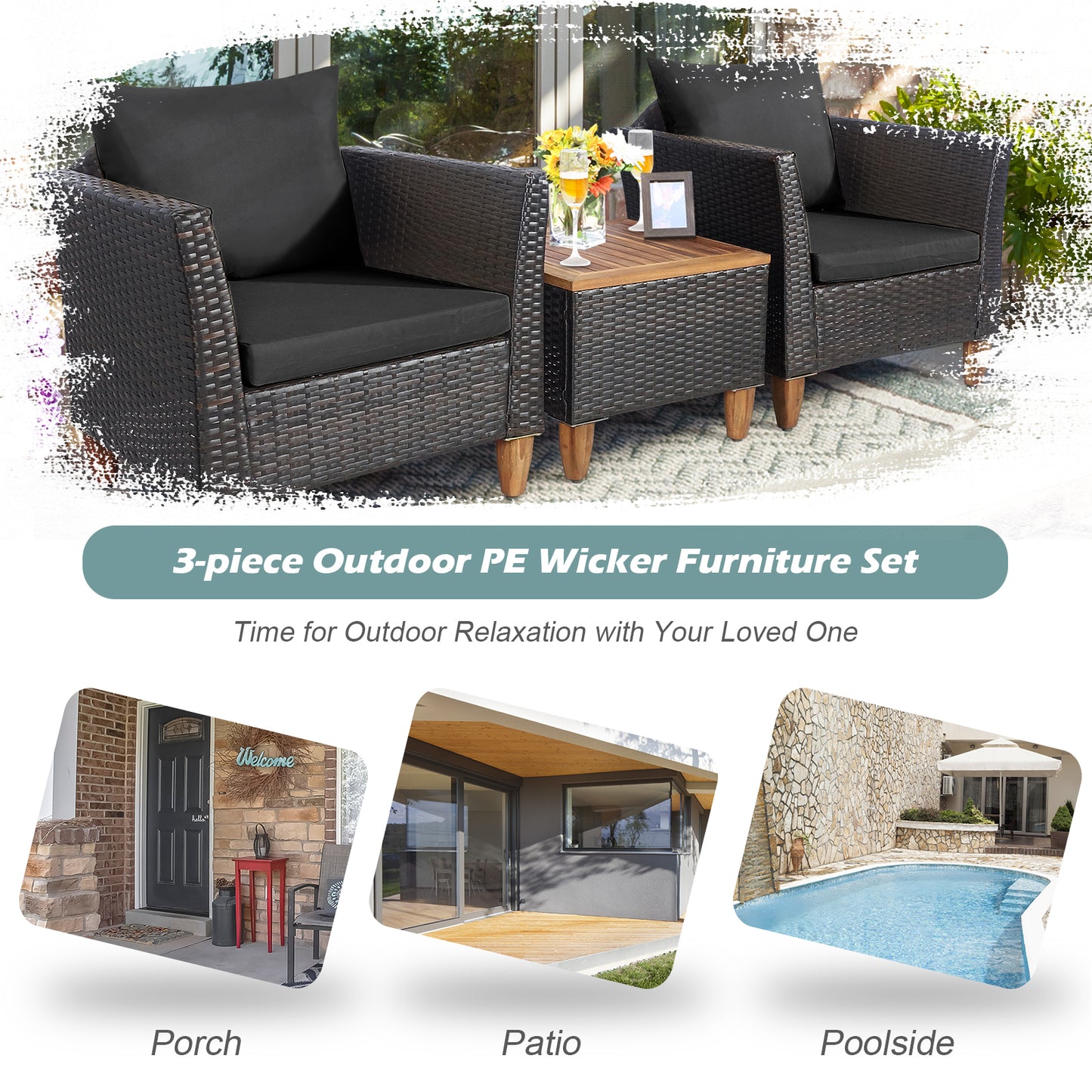 3 Pieces Patio Rattan Bistro Furniture Set-Black
