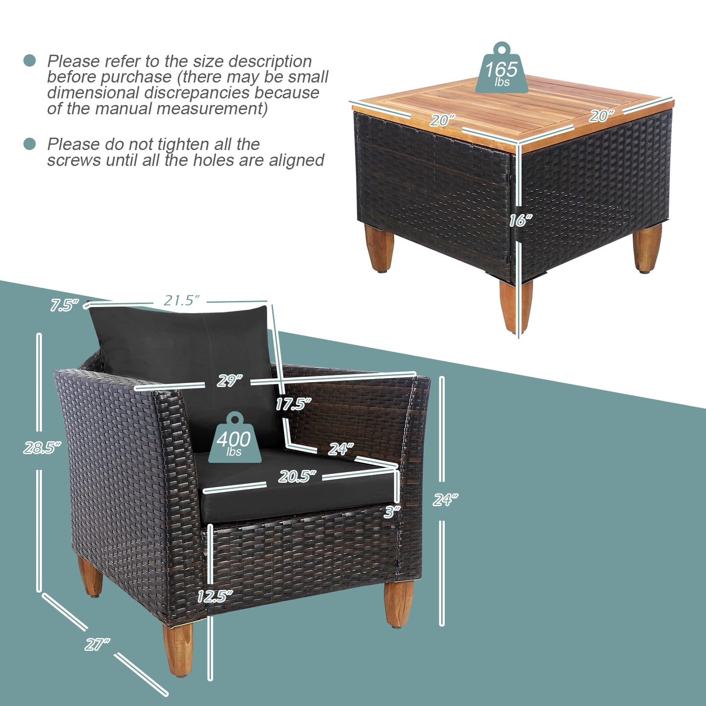 3 Pieces Patio Rattan Bistro Furniture Set-Black