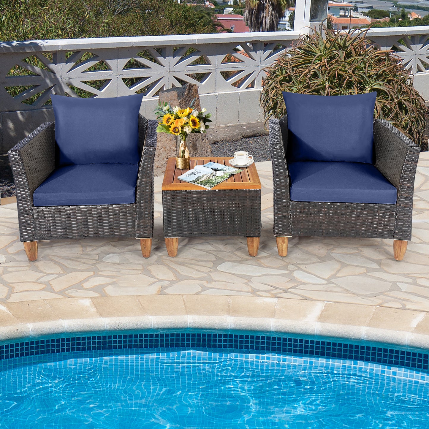 3 Pieces Patio Rattan Bistro Furniture Set-Navy