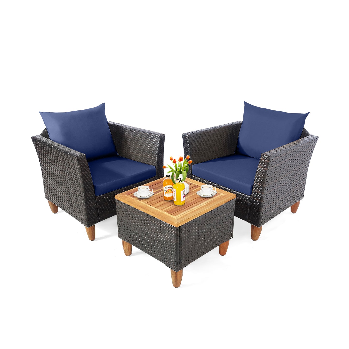 3 Pieces Patio Rattan Bistro Furniture Set-Navy