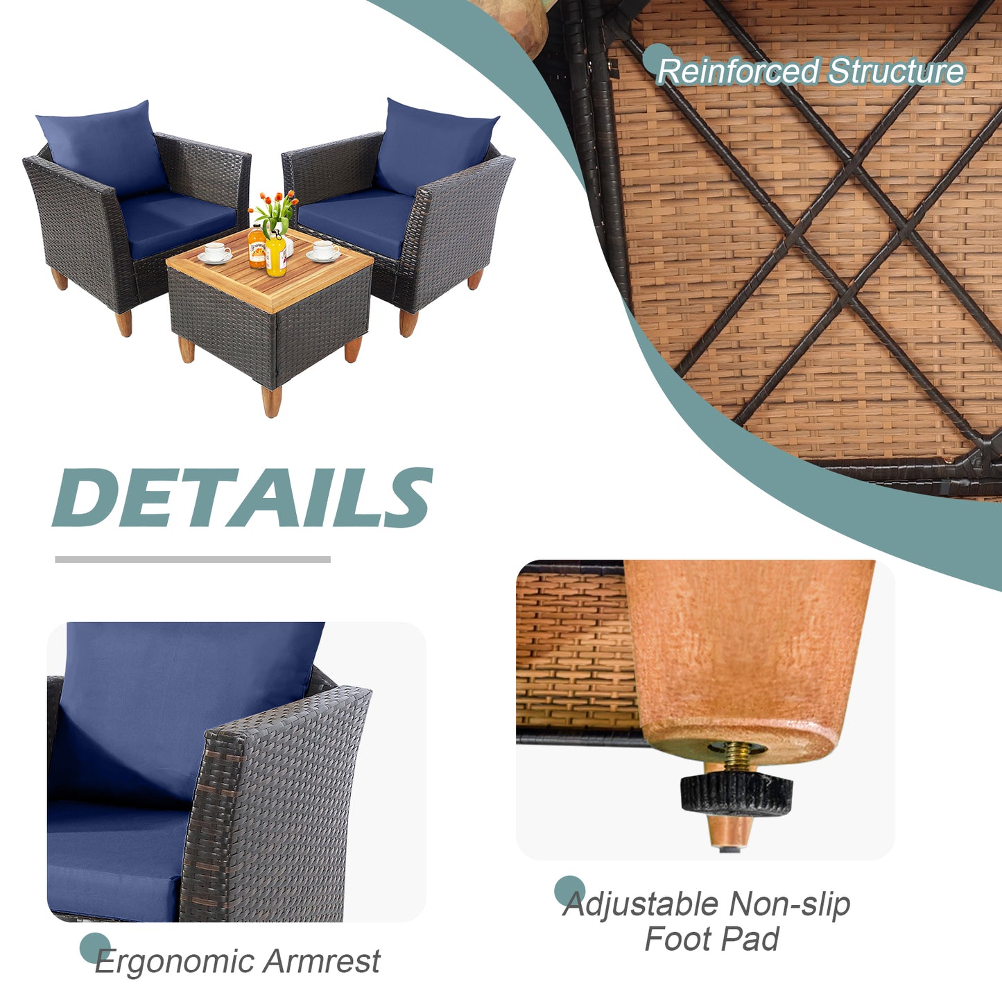3 Pieces Patio Rattan Bistro Furniture Set-Navy