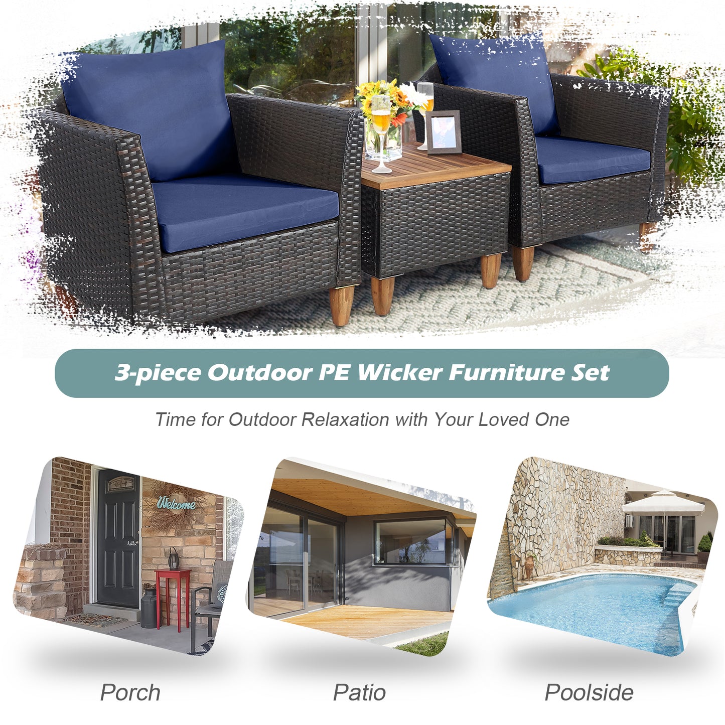 3 Pieces Patio Rattan Bistro Furniture Set-Navy