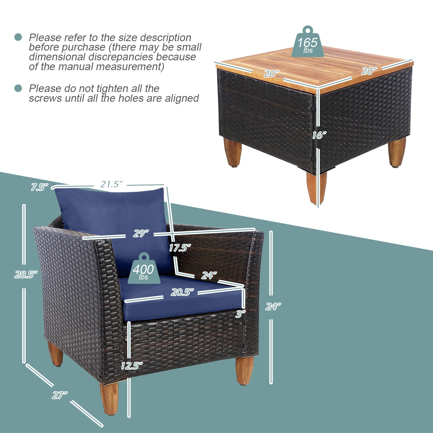 3 Pieces Patio Rattan Bistro Furniture Set-Navy