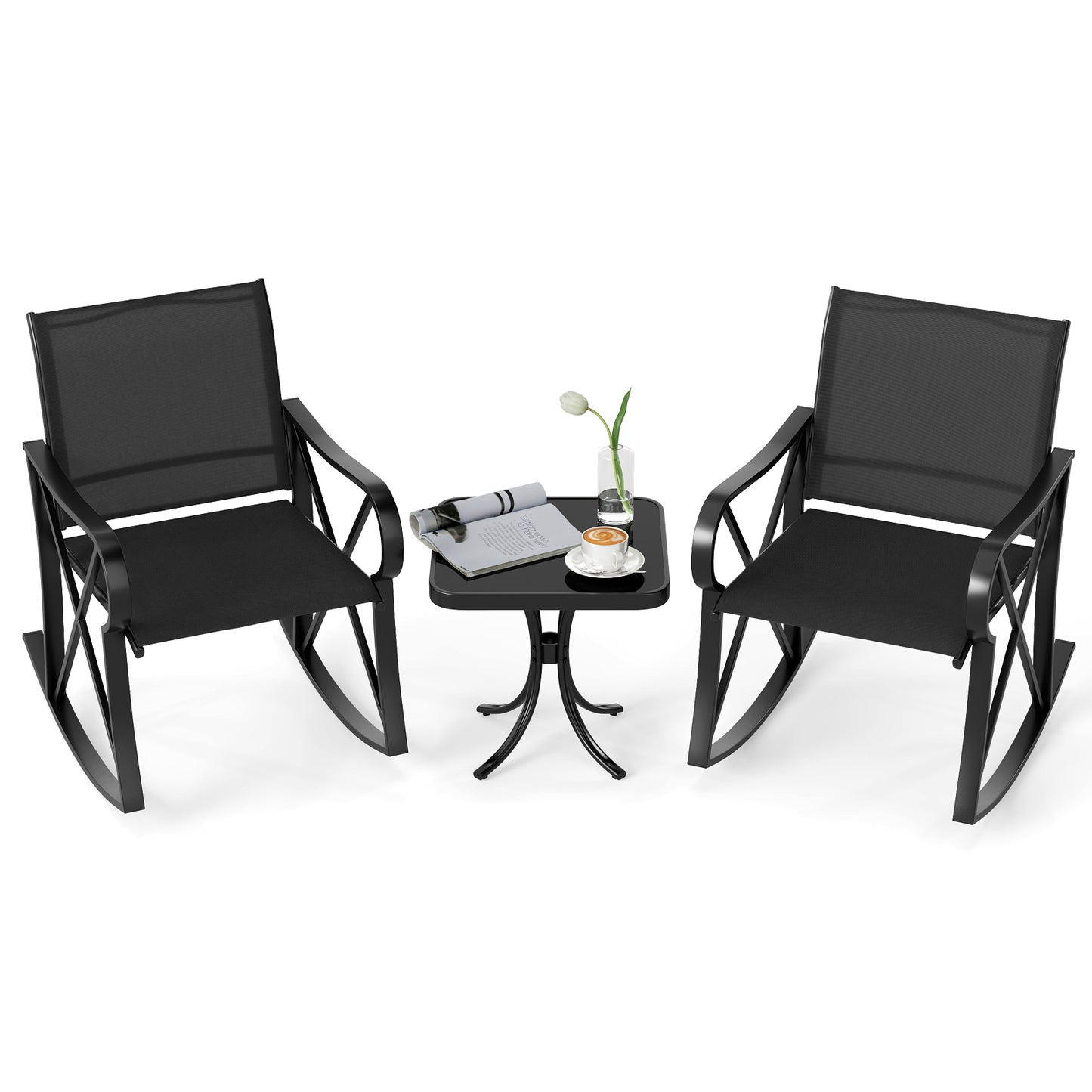 3 Piece Patio Rocking Set with Smooth Rocking Motion Outdoor Rocker Chair Bistro Set-Black
