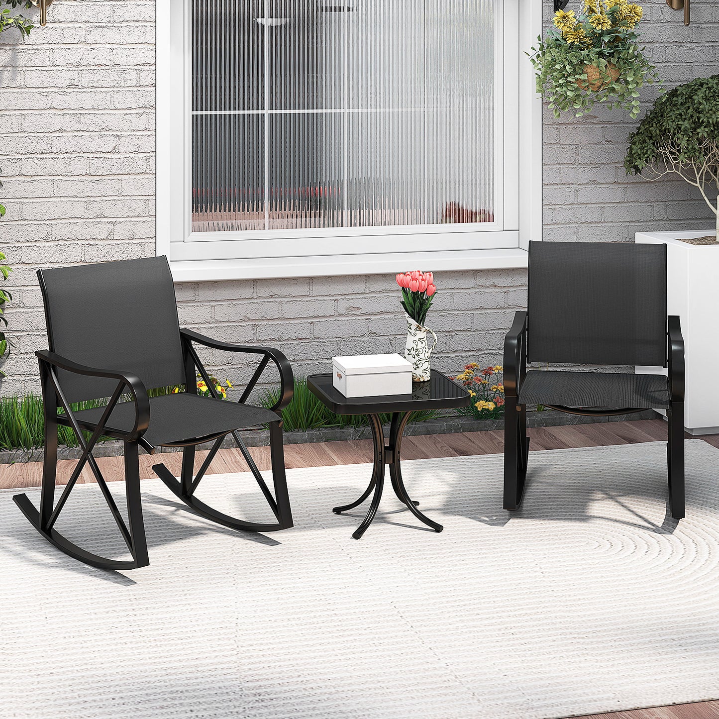 3 Piece Patio Rocking Set with Smooth Rocking Motion Outdoor Rocker Chair Bistro Set-Black