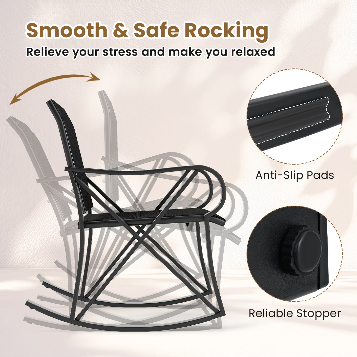 3 Piece Patio Rocking Set with Smooth Rocking Motion Outdoor Rocker Chair Bistro Set-Black