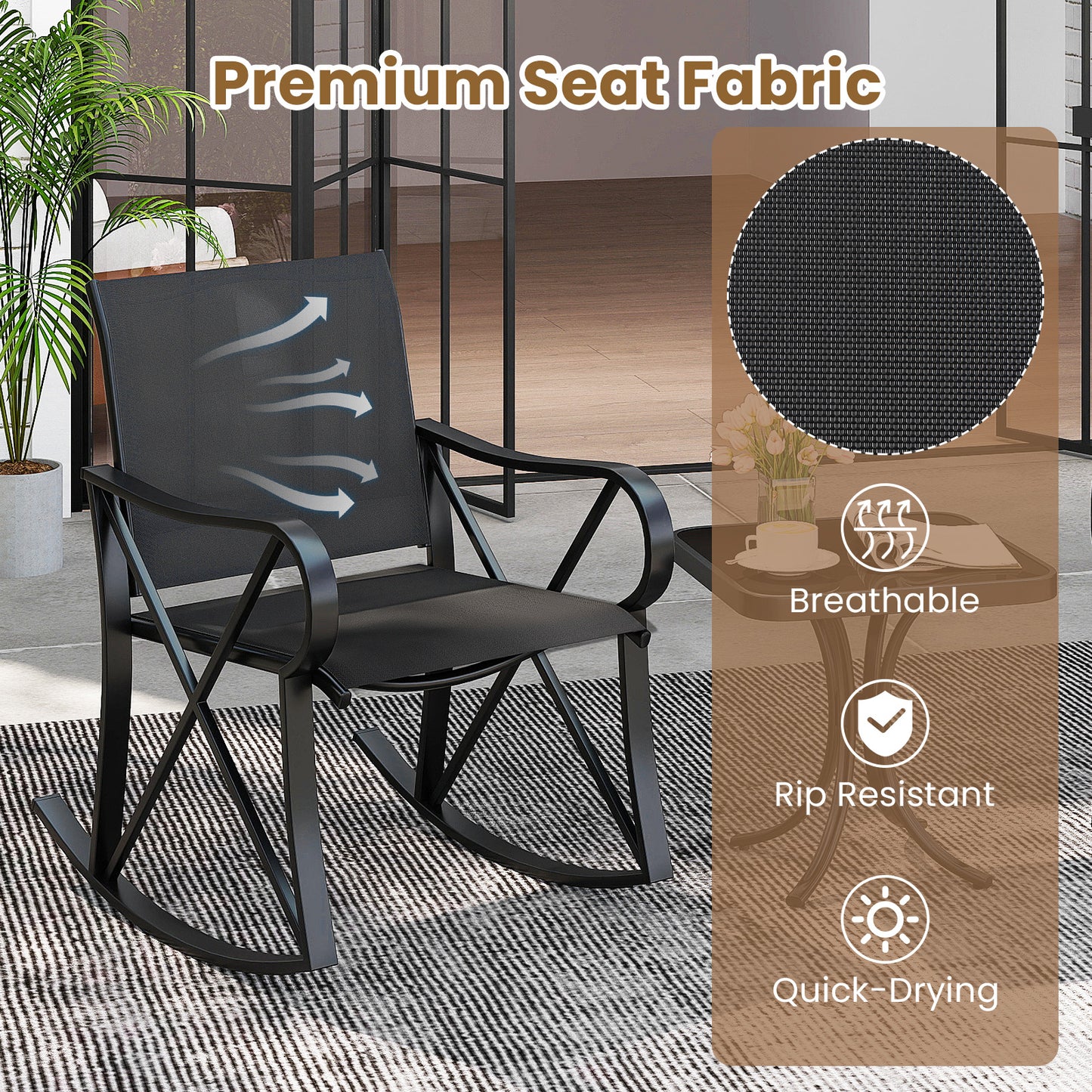 3 Piece Patio Rocking Set with Smooth Rocking Motion Outdoor Rocker Chair Bistro Set-Black