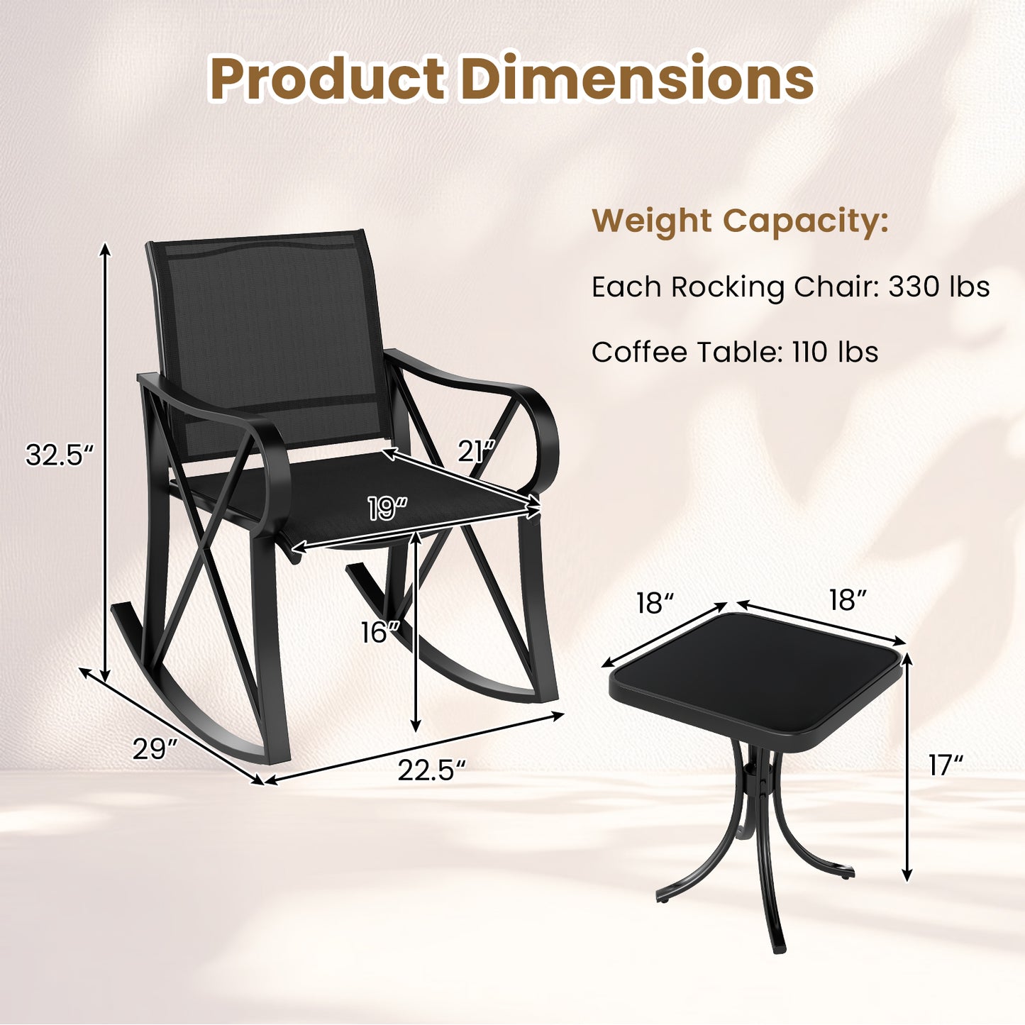 3 Piece Patio Rocking Set with Smooth Rocking Motion Outdoor Rocker Chair Bistro Set-Black