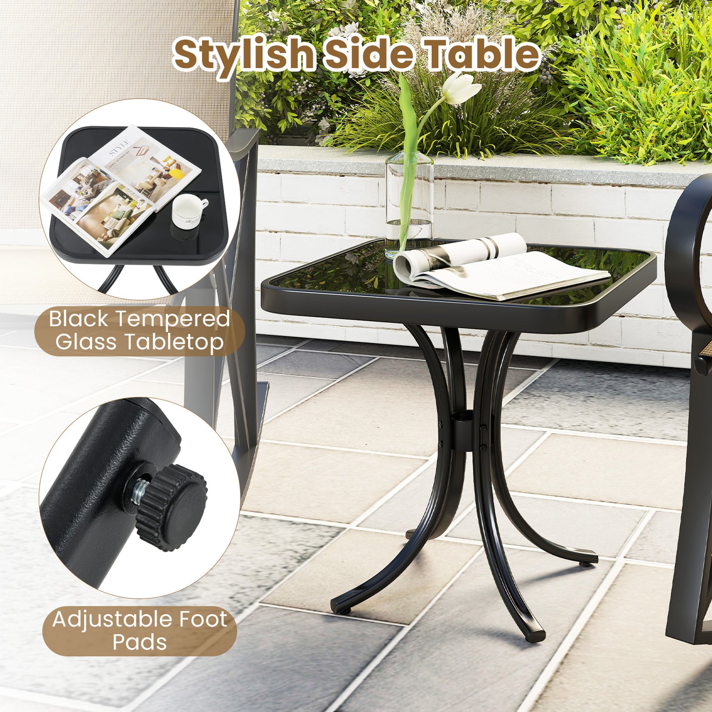 3 Piece Patio Rocking Set with Smooth Rocking Motion Outdoor Rocker Chair Bistro Set -Brown