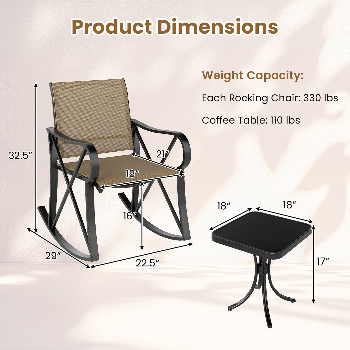 3 Piece Patio Rocking Set with Smooth Rocking Motion Outdoor Rocker Chair Bistro Set -Brown