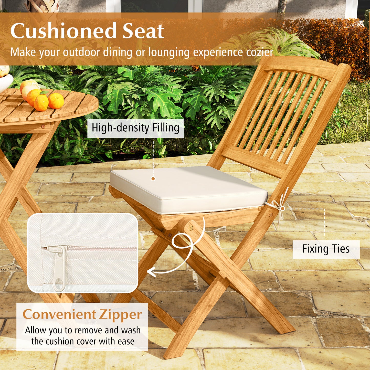 3 Pieces Patio Folding Wooden Bistro Set Cushioned Chair-White