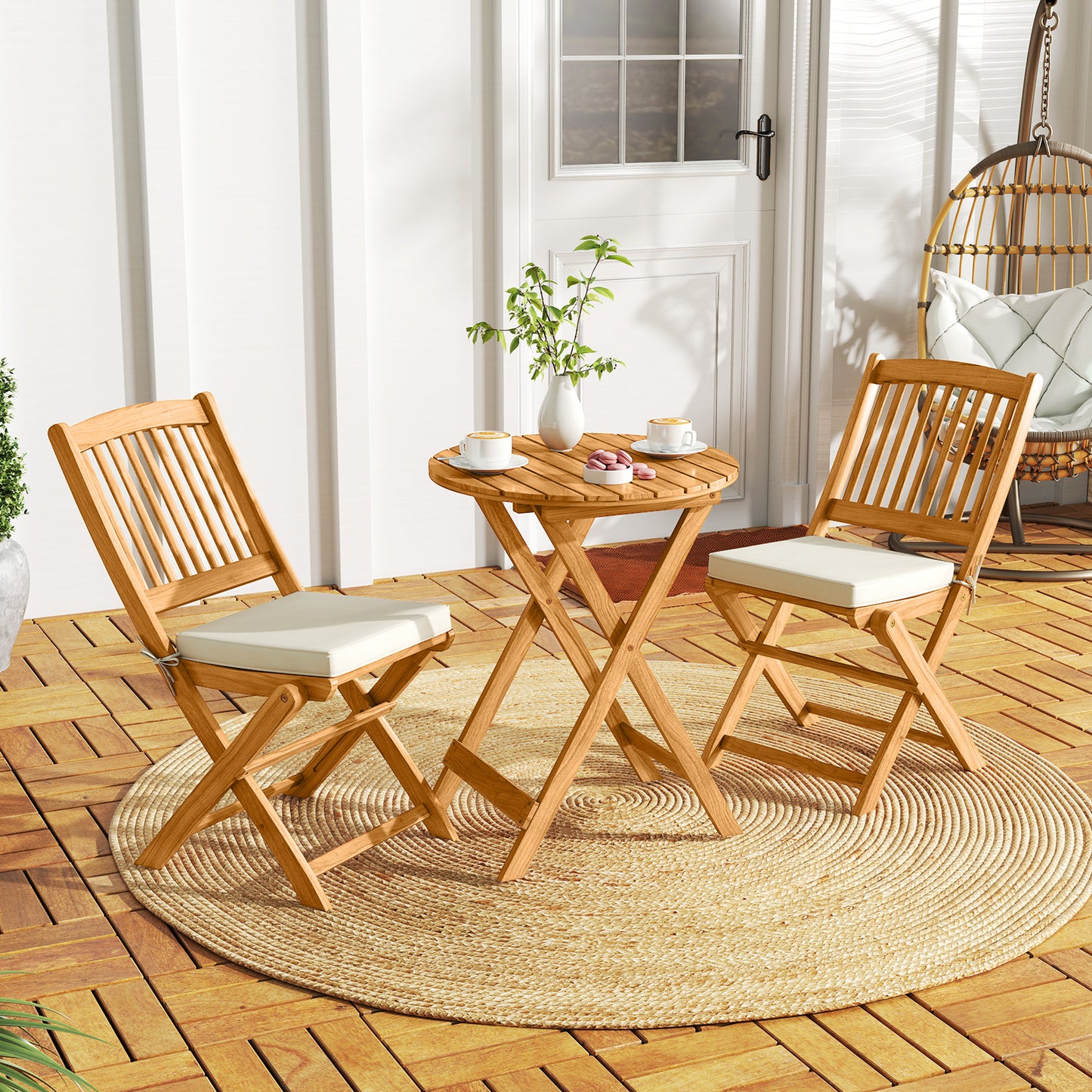3 Pieces Patio Folding Wooden Bistro Set Cushioned Chair-White