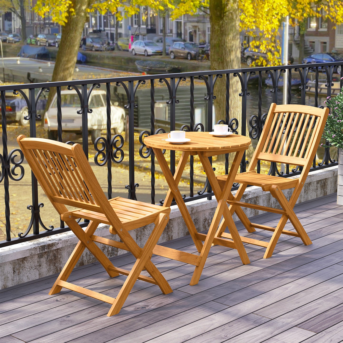 3 Pieces Patio Folding Wooden Bistro Set Cushioned Chair-White