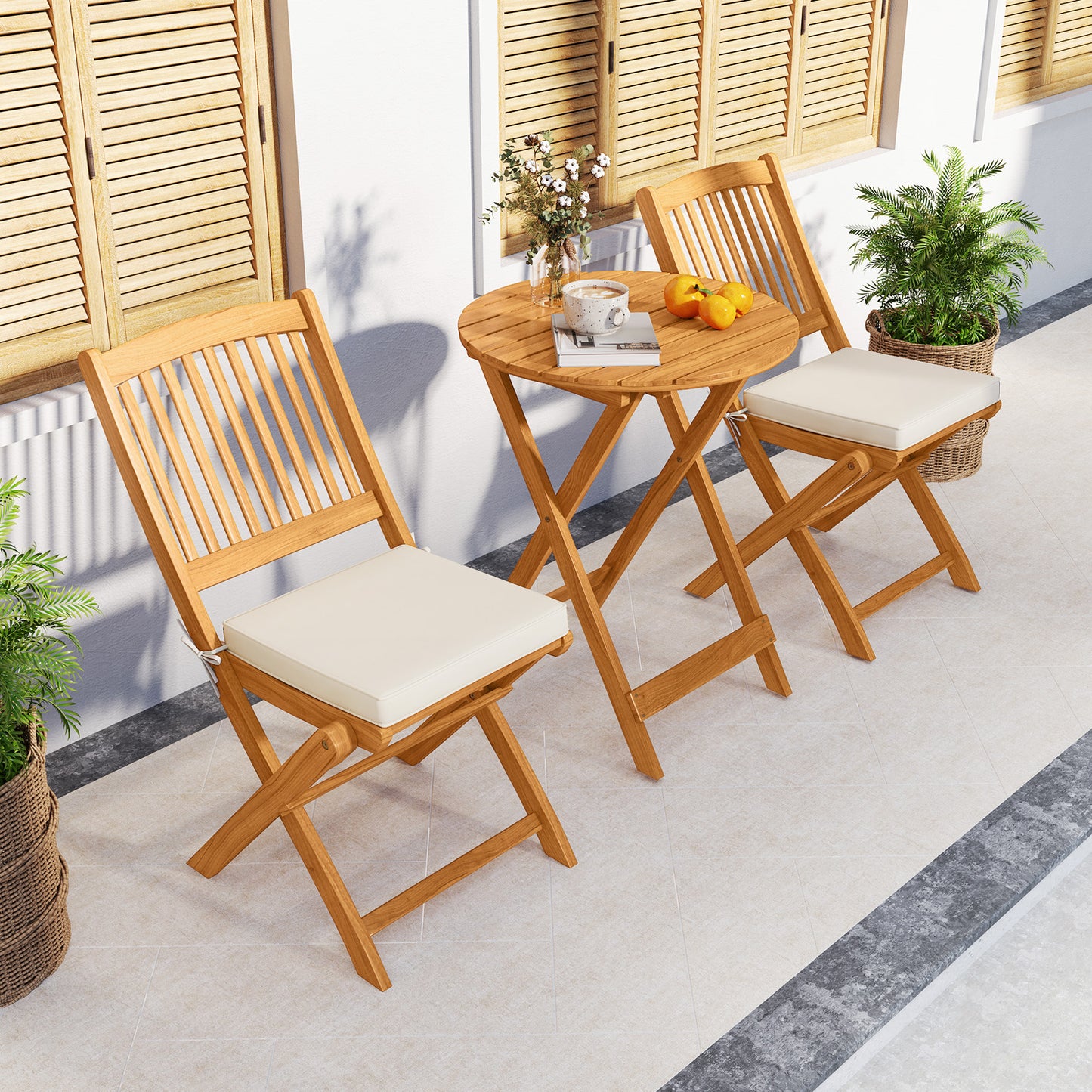 3 Pieces Patio Folding Wooden Bistro Set Cushioned Chair-White