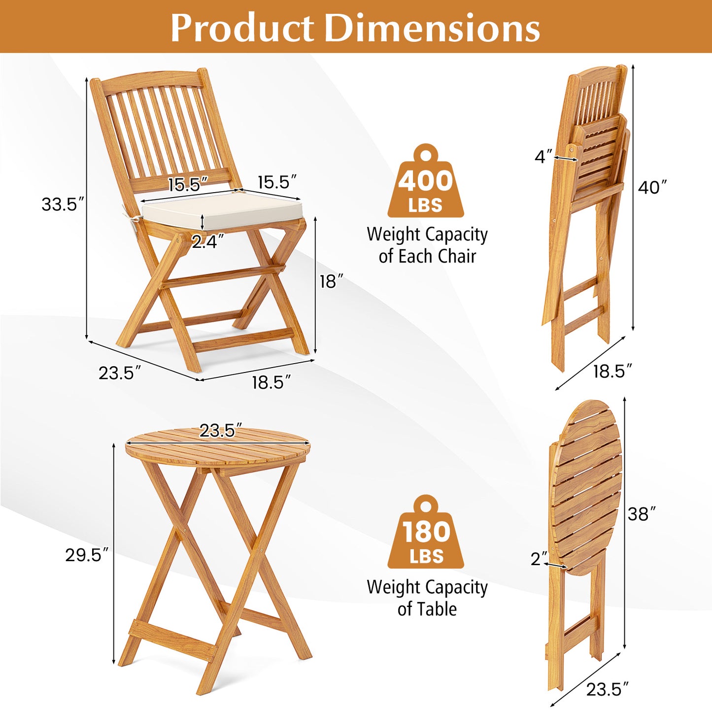 3 Pieces Patio Folding Wooden Bistro Set Cushioned Chair-White