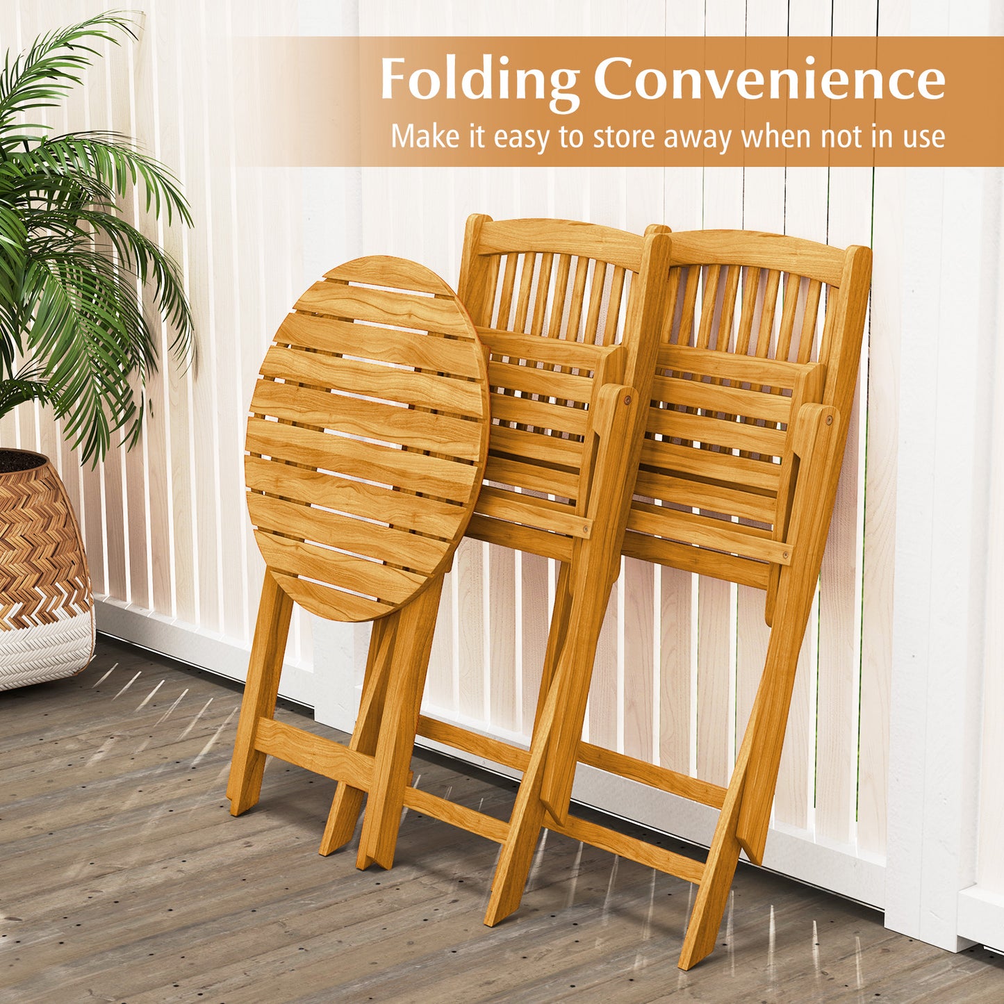 3 Pieces Acacia Wood Patio Folding Bistro Set with Soft Cushions-Beige