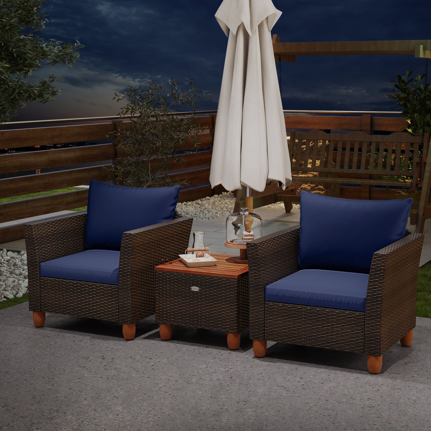 3 Pieces Patio PE Wicker Furniture Set with Cushions and Acacia Wood Storage Coffee Table-Navy