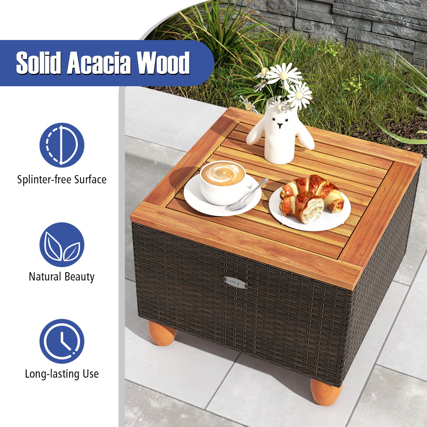 3 Pieces Patio PE Wicker Furniture Set with Cushions and Acacia Wood Storage Coffee Table-Navy