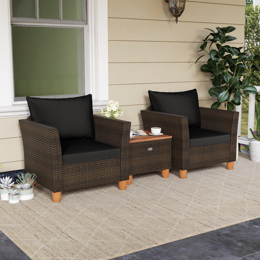 3 Pieces Patio PE Wicker Furniture Set with Cushions and Acacia Wood Storage Coffee Table-Black