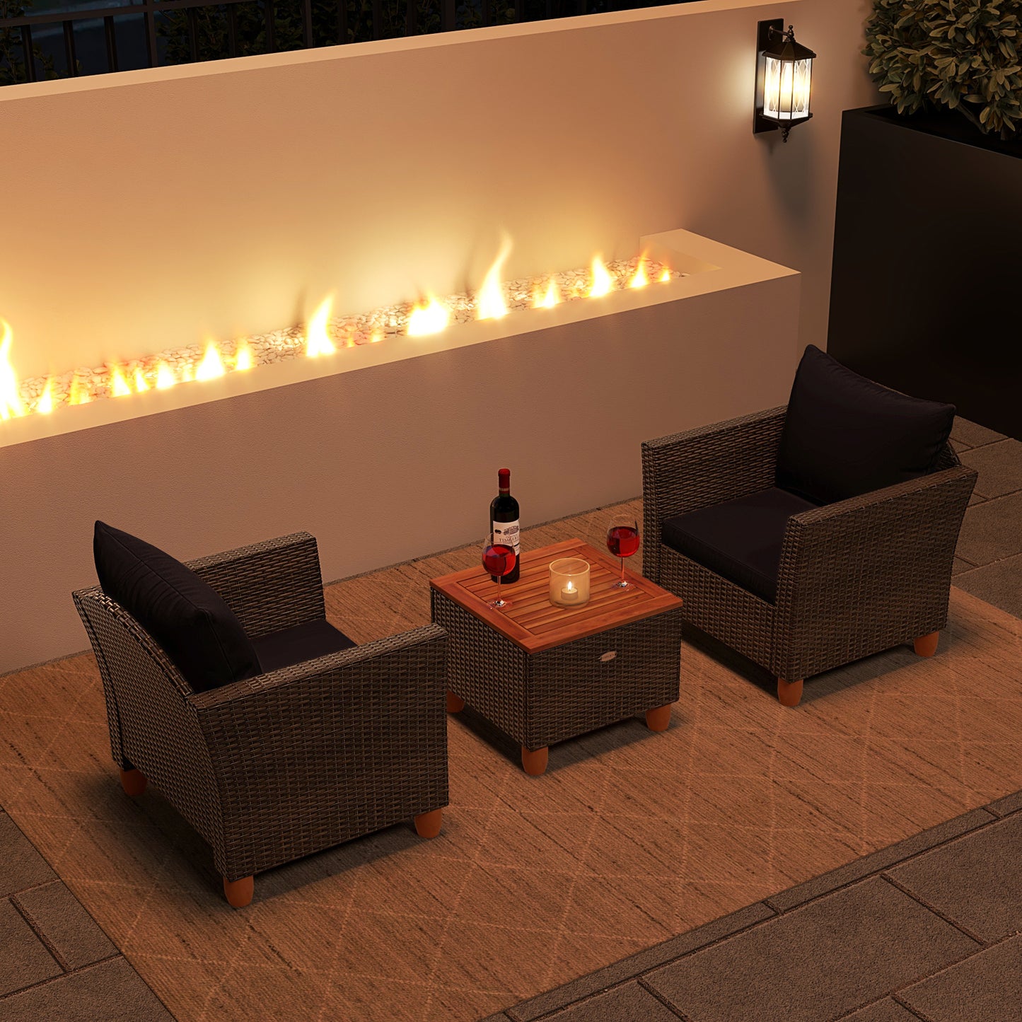 3 Pieces Patio PE Wicker Furniture Set with Cushions and Acacia Wood Storage Coffee Table-Black