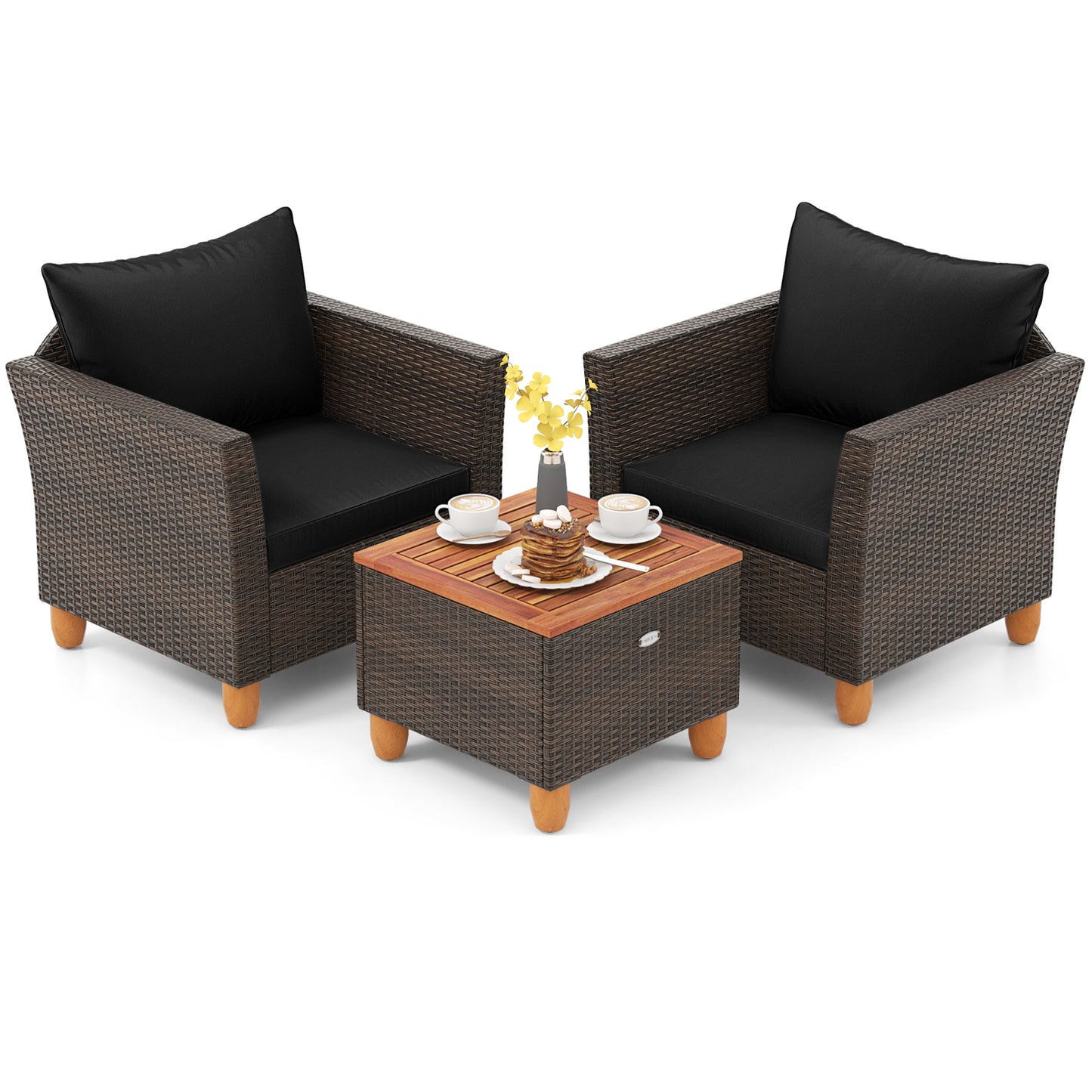 3 Pieces Patio PE Wicker Furniture Set with Cushions and Acacia Wood Storage Coffee Table-Black