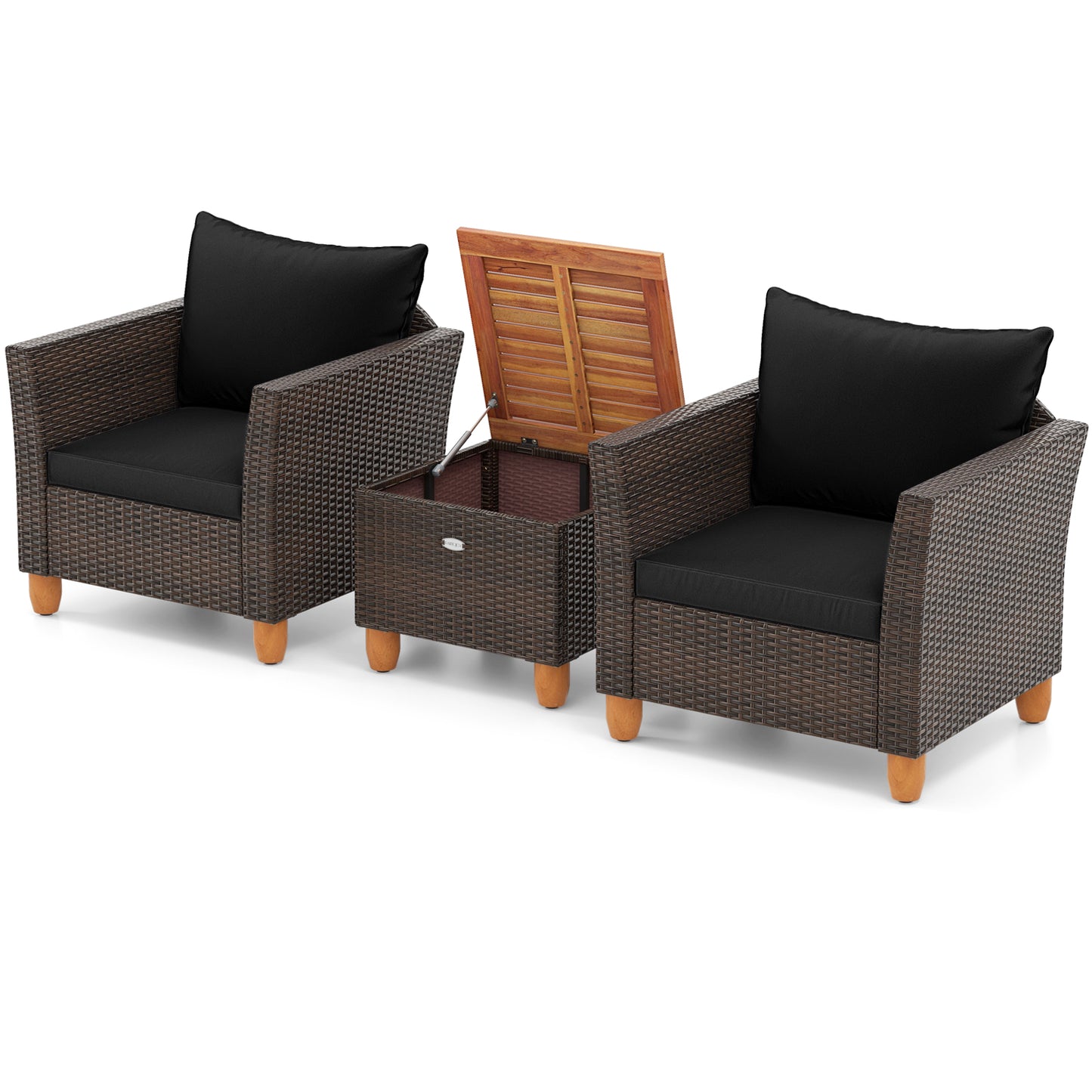 3 Pieces Patio PE Wicker Furniture Set with Cushions and Acacia Wood Storage Coffee Table-Black