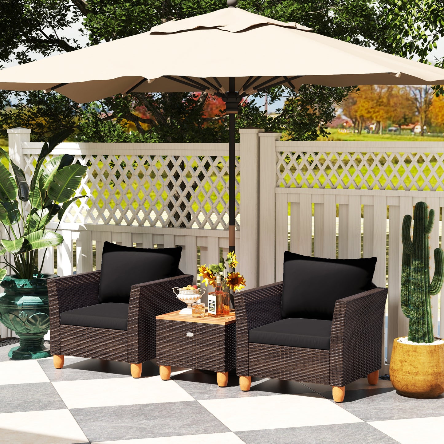 3 Pieces Patio PE Wicker Furniture Set with Cushions and Acacia Wood Storage Coffee Table-Black