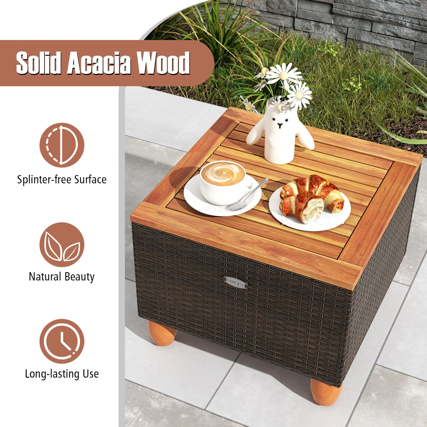 3 Pieces Patio PE Wicker Furniture Set with Cushions and Acacia Wood Storage Coffee Table-Black
