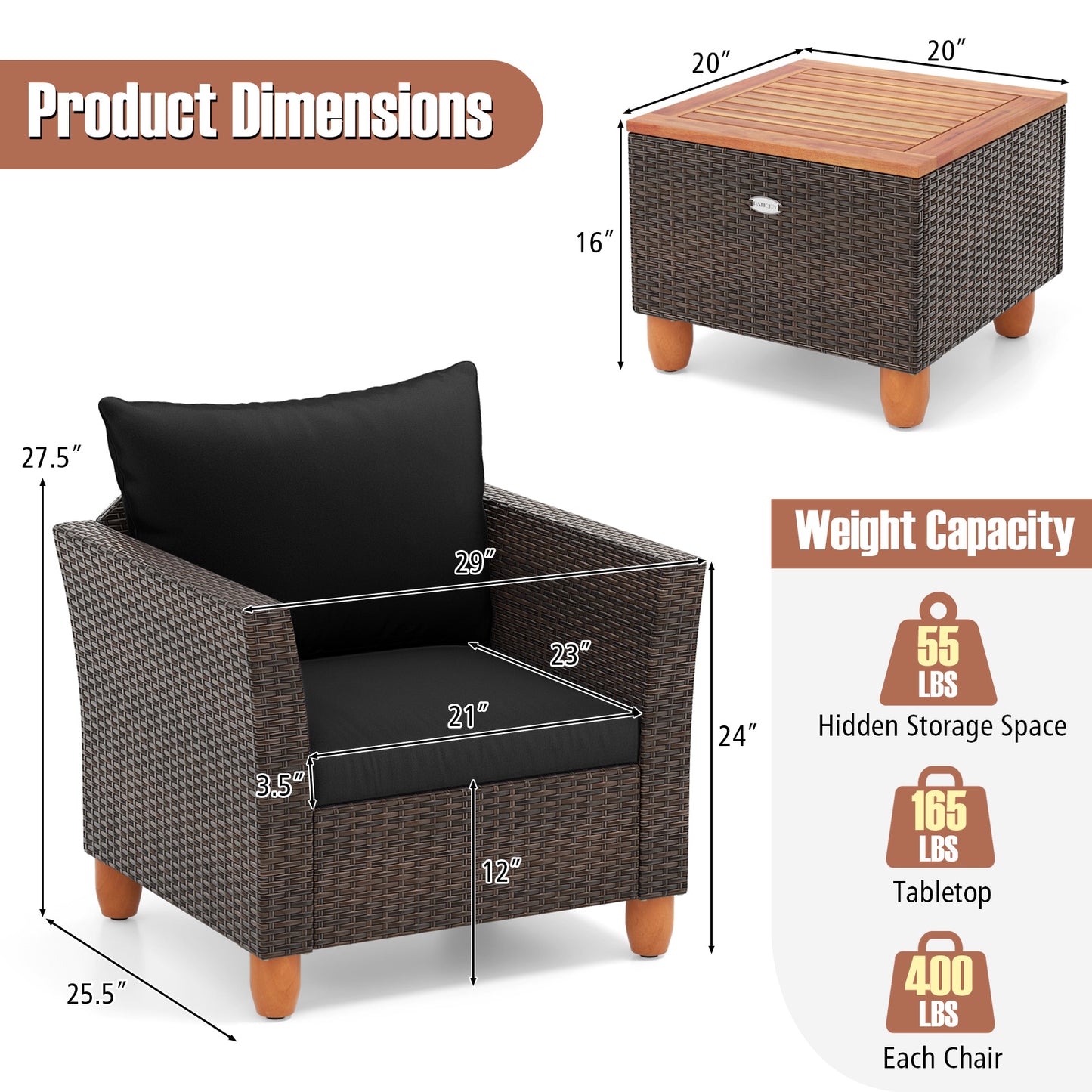 3 Pieces Patio PE Wicker Furniture Set with Cushions and Acacia Wood Storage Coffee Table-Black