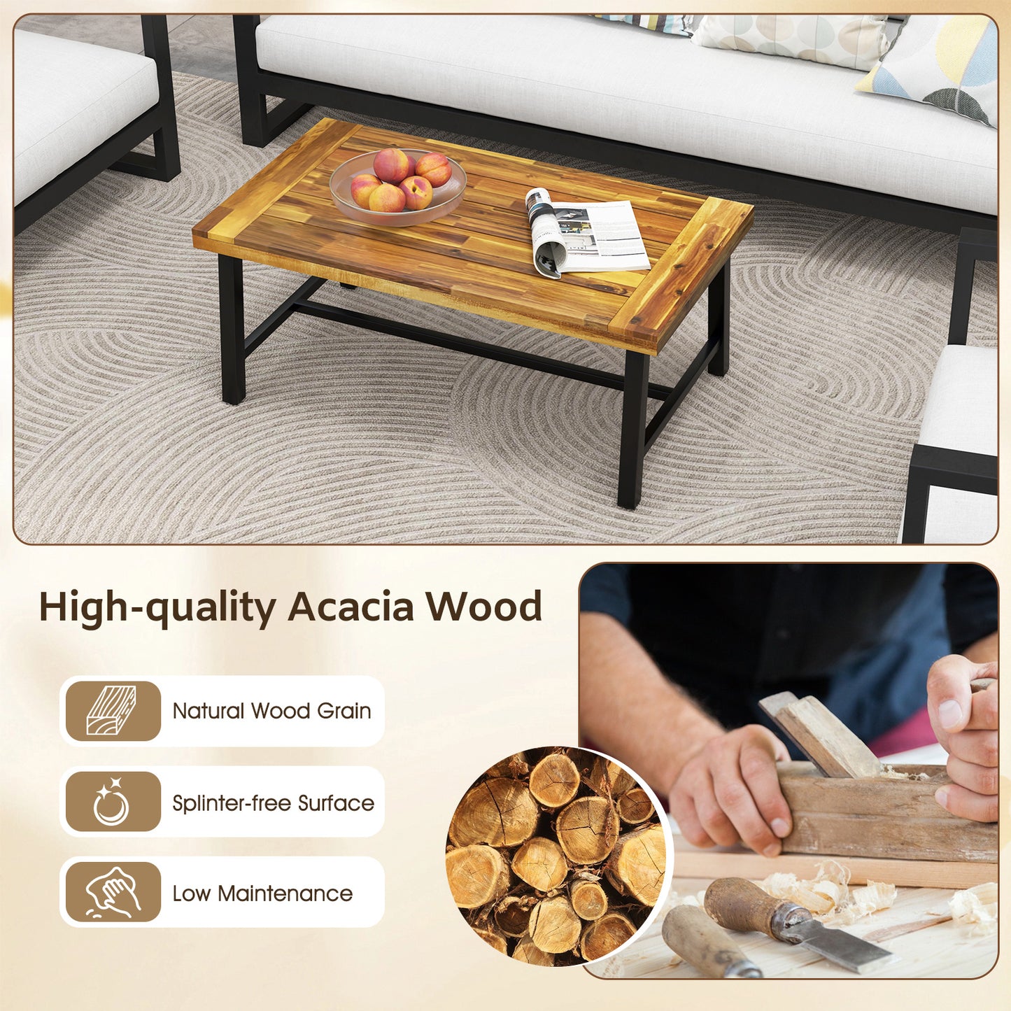 Acacia Wood Coffee Table with Thickened Top and Heavy-duty Metal Legs