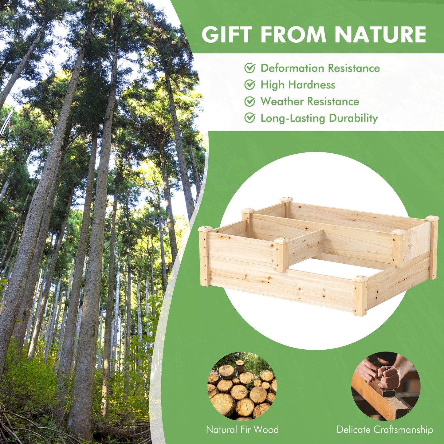 3-Tier Wooden Raised Garden Bed with Open-Ended Base-Natural