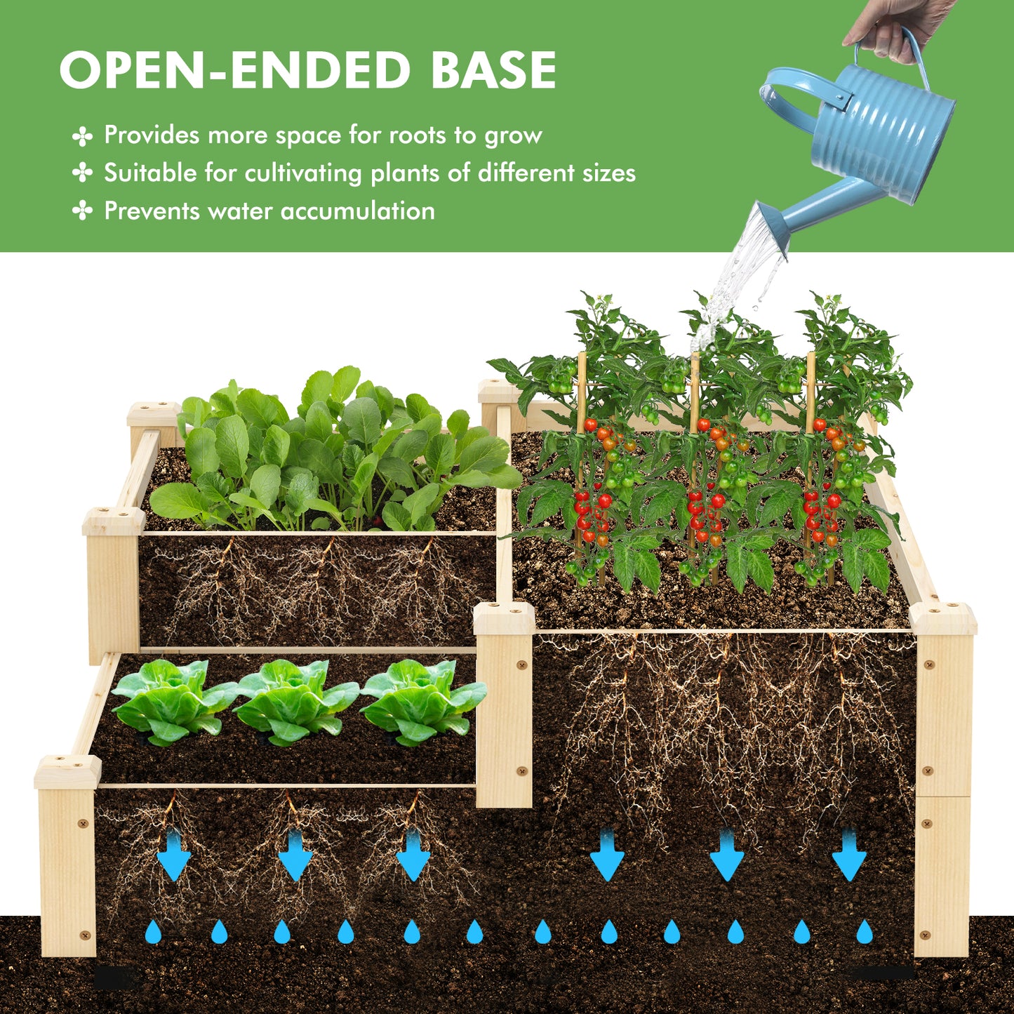 3-Tier Wooden Raised Garden Bed with Open-Ended Base-Natural