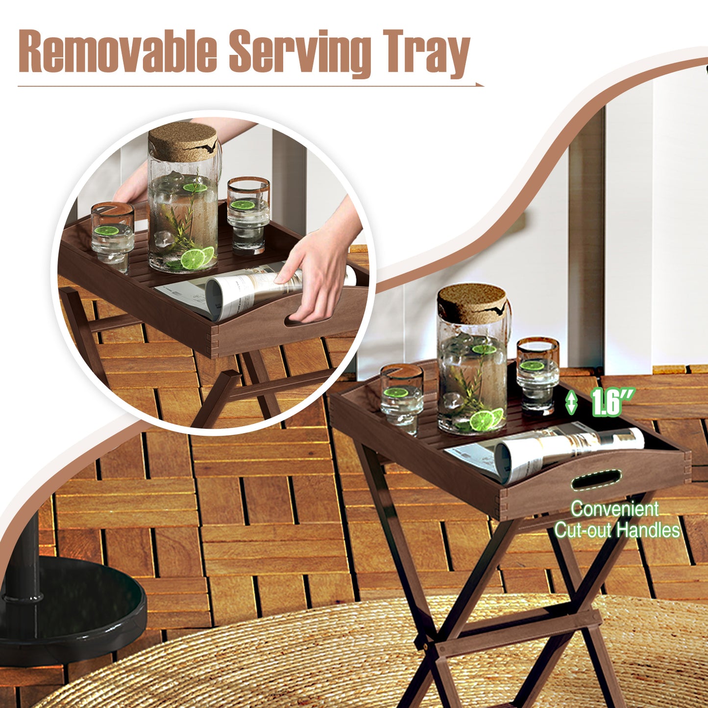 Solid Teak Wood Tray Table with Removable Tray Top for Patio and Garden