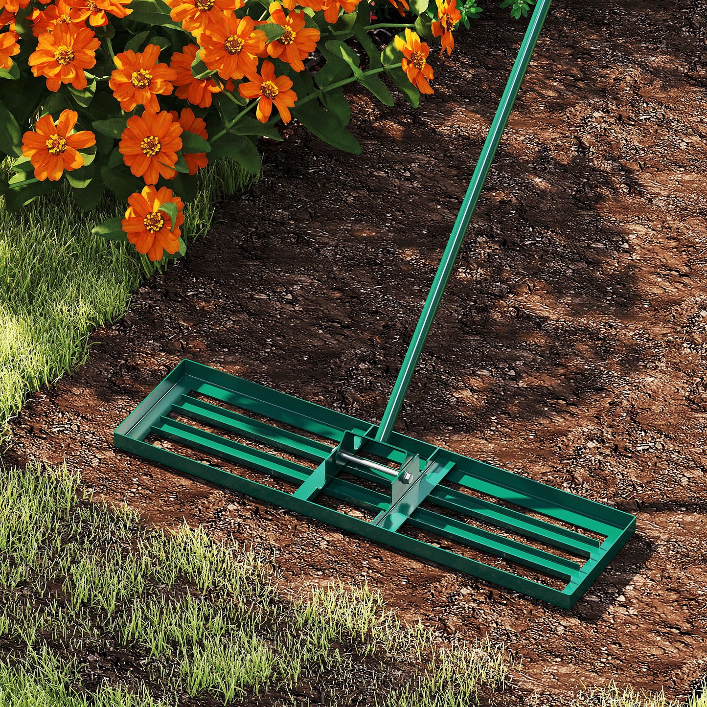 36 x 10 Inch Lawn Leveling Rake with Ergonomic Handle-Green