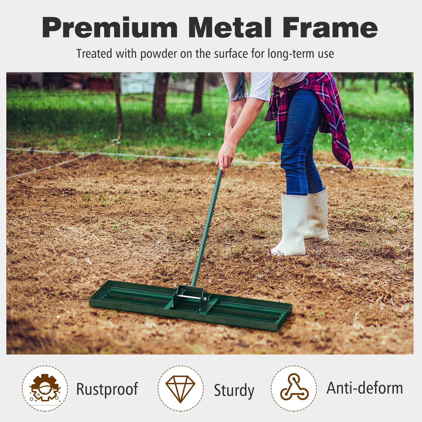 36 x 10 Inch Lawn Leveling Rake with Ergonomic Handle-Green