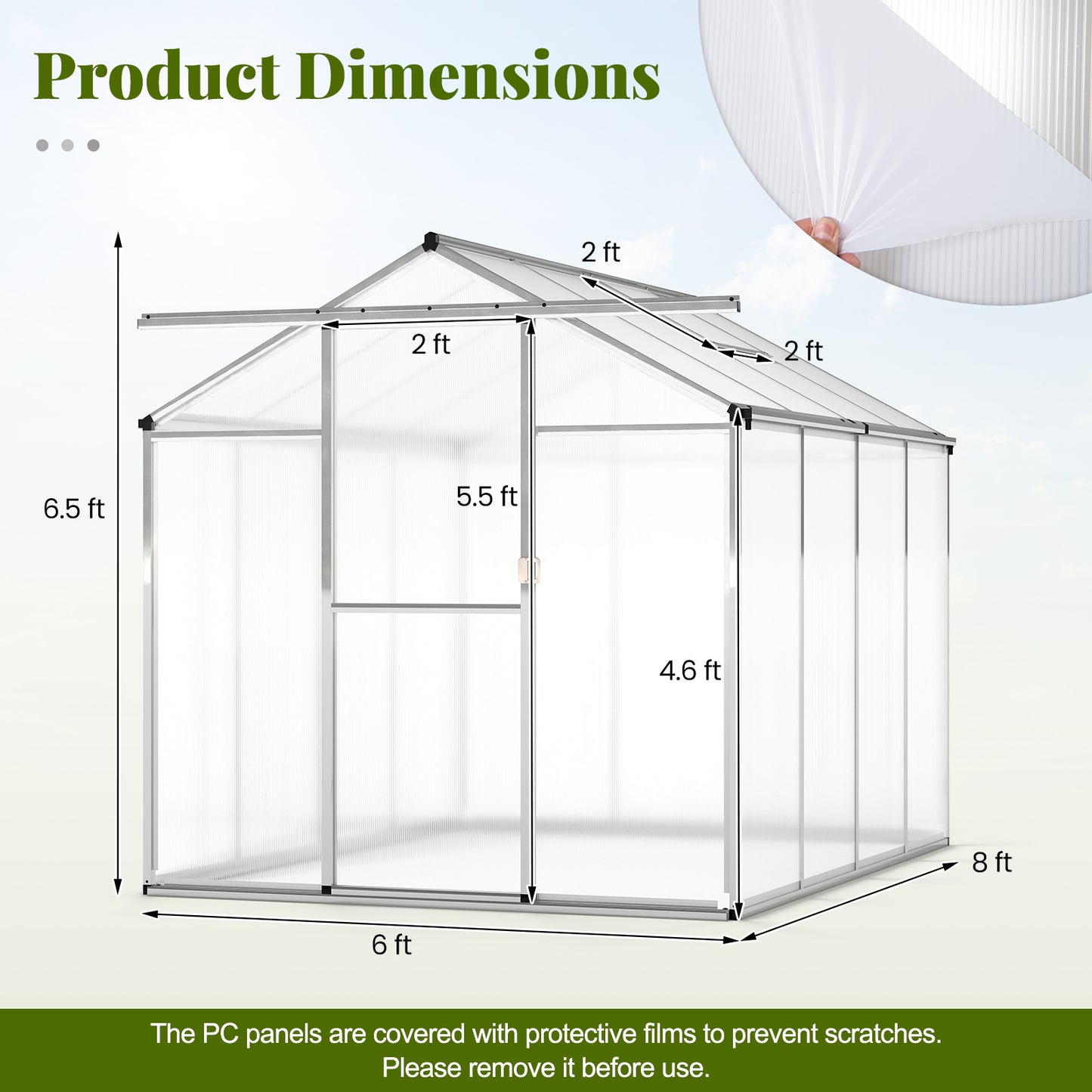 Large Walk-in Green House with Rain Gutters and Polycarbonate Panels-8 FT