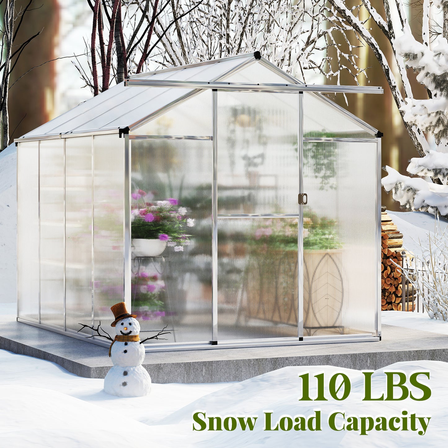 Large Walk-in Green House with Rain Gutters and Polycarbonate Panels-8 FT