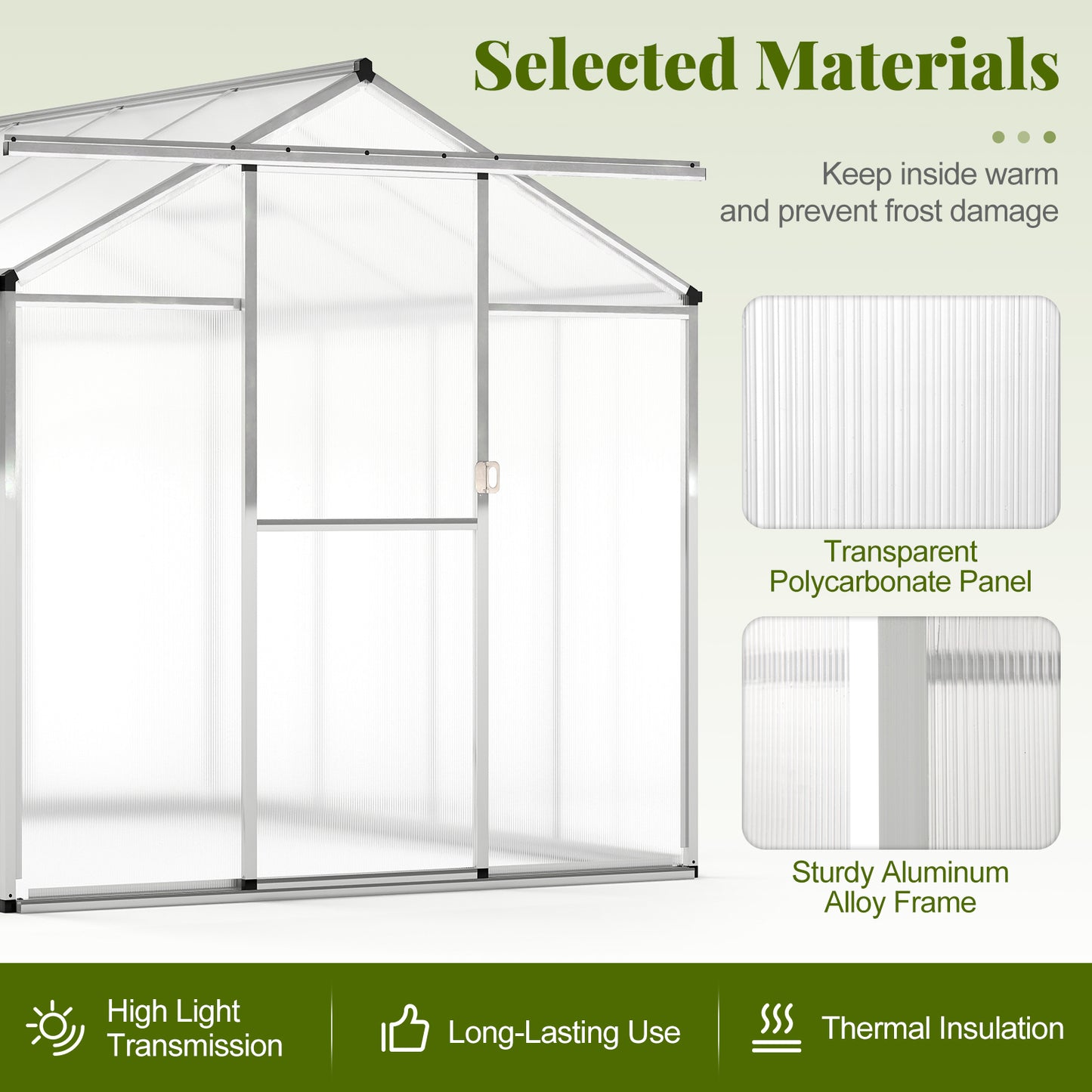 Large Walk-in Green House with Rain Gutters and Polycarbonate Panels-8 FT